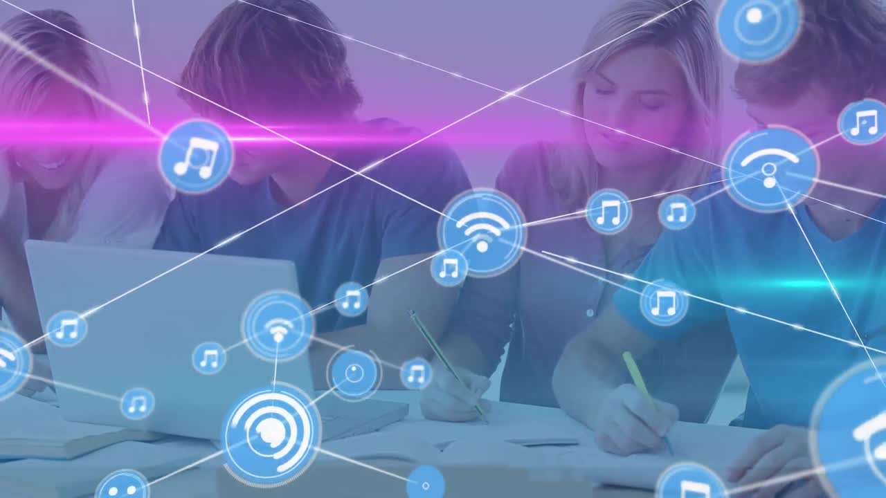 교실에서 공부하는 대학생 그룹에 대한 연결 네트워크와 빛의 흔적