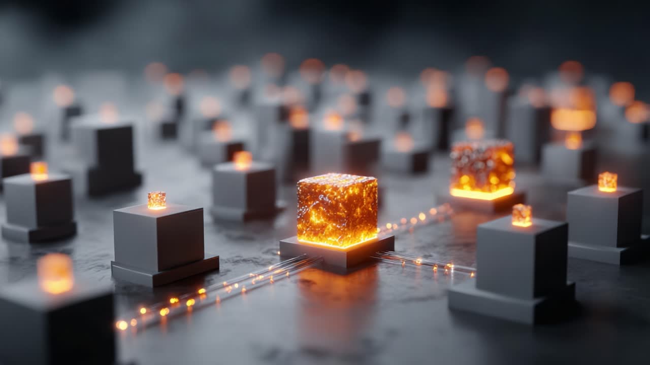 A visually striking representation of an abstract network featuring glowing cubes connected through luminous pathways, depicting a dynamic digital landscape