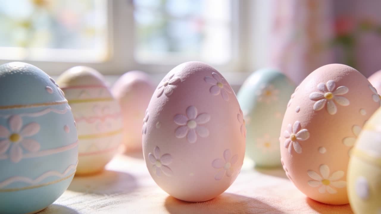 Moving camera pulling forward, focusing on cloth table, revealing daisy texture on center pink egg
