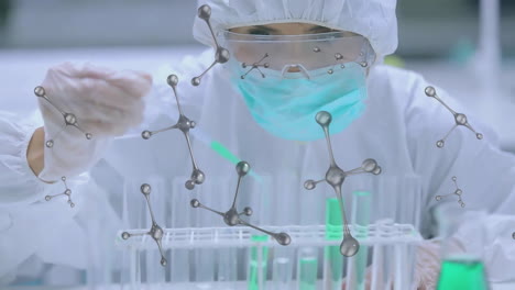 animación de moléculas sobre científica caucásica que trabaja en el laboratorio