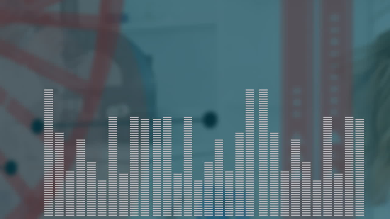 Animazione di barre di equalizzatore audio su sfondo sfocato con forme astratte.
