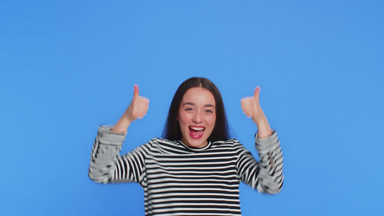 Young woman showing promotion pointing overhead up on blank space place for your advertisement logo