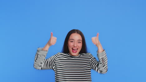 young woman showing promotion pointing overhead up on blank space place for your advertisement logo