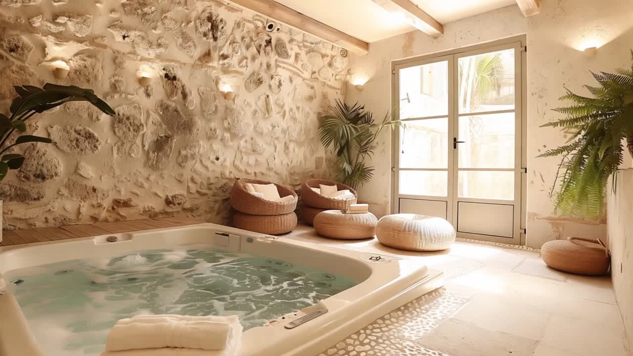 Luxurious Indoor Spa with Hot Tub and Stone Wall