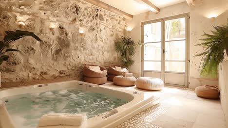 luxurious indoor spa with hot tub and stone wall