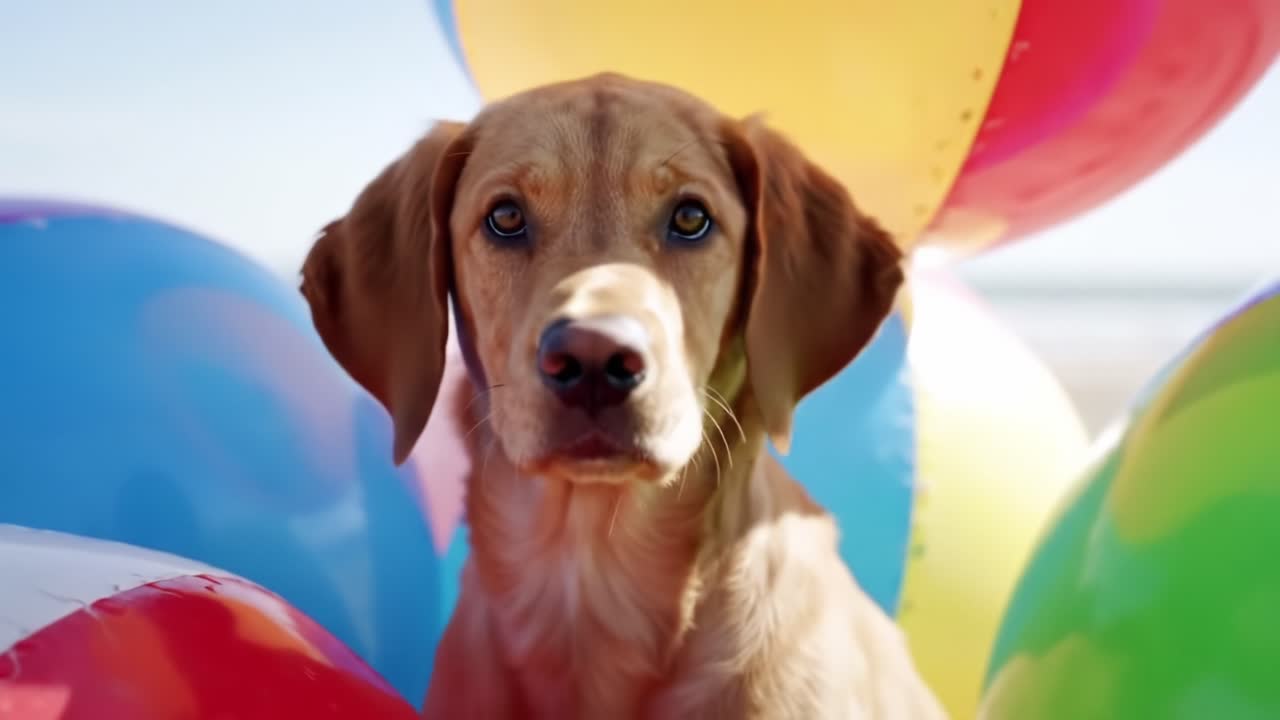 A Joyous Dog Surrounded by Colorful Beach Balls, Capturing the Spirit of Fun and Playfulness in a Vibrant Summer Environment