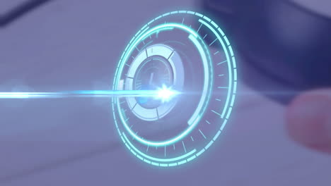 animation of rotating safe lock with countdown over light trail on blurred background