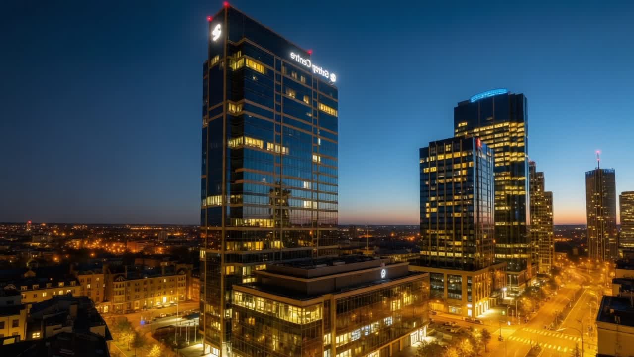 Aerial Night View of Modern Urban Skyscrapers Illuminated by City Lights at Dusk, Showcasing Architectural Designs Against a Vibrant Skyline