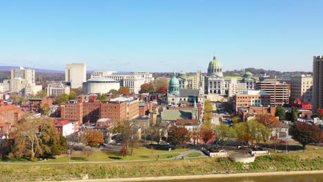 Good-drone-aerial-establishing-shot-of-Pennsylvania-capital-building-in-Harrisburg-and-the-Susquehanna-River-foreground