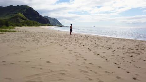 Man-stands-looking-at-ocean-orbital-reveal-of-tropical-mountains