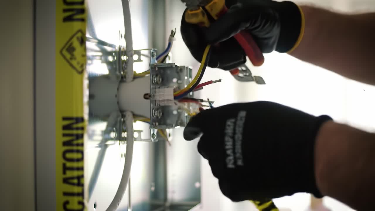 A person is working on installing electrical wiring inside a home. They wear gloves while connecting wires to a fixture, ensuring proper safety precautions are taken. Tools are arranged nearby.