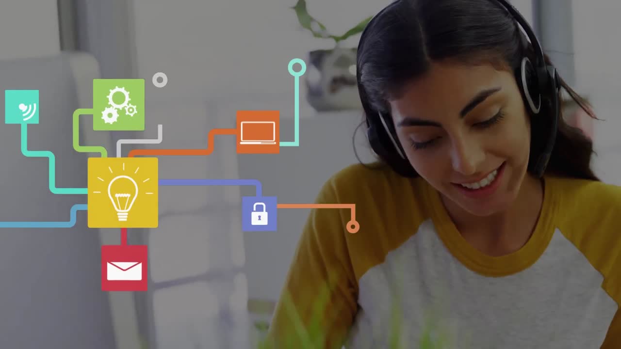 animación de un gráfico volando sobre una mujer usando auriculares de teléfono en casa