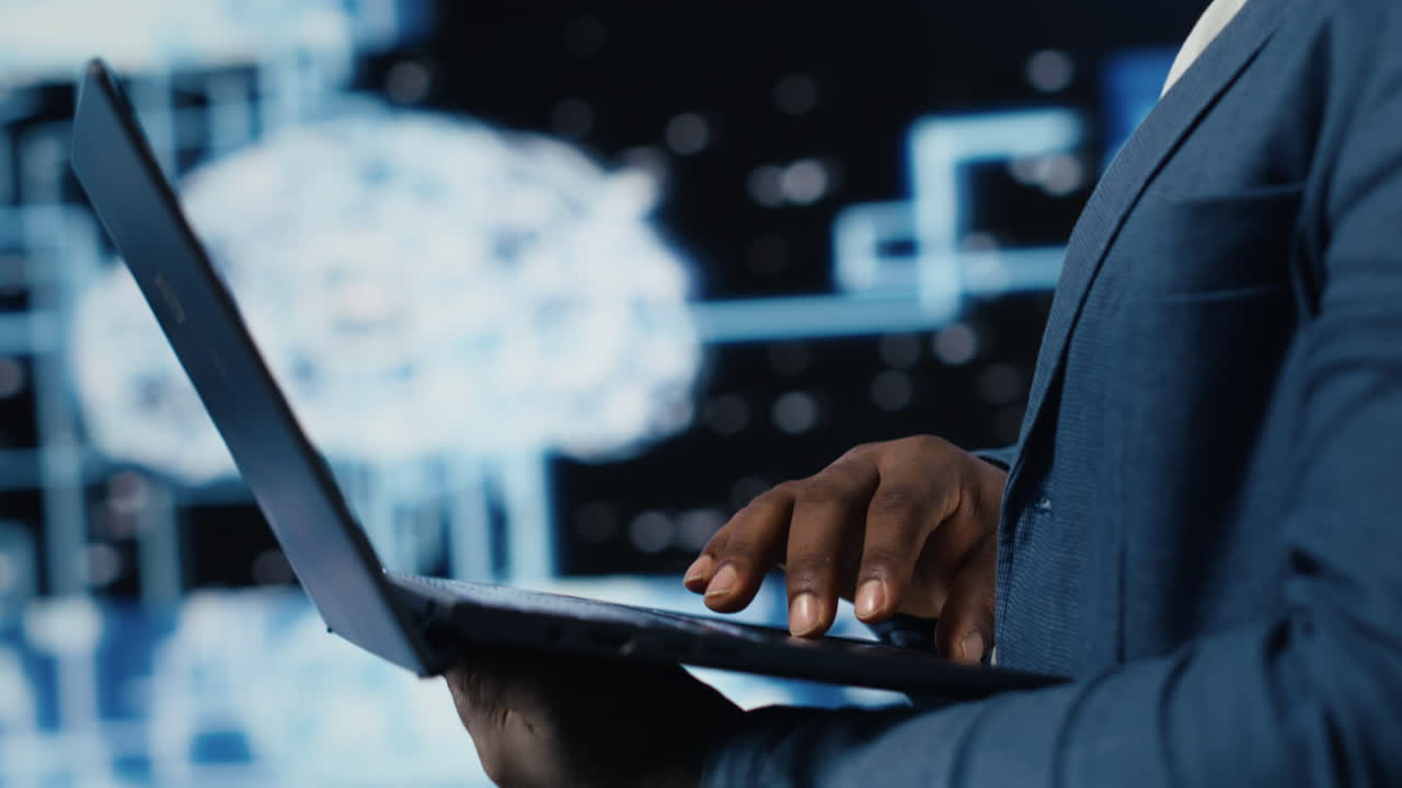 High tech concept of black IT professional exploring artificial intelligence