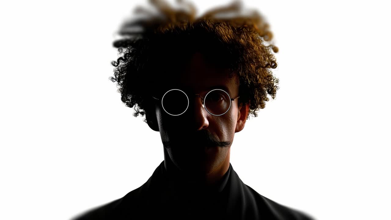 A Mysterious Figure with Distinctive Curly Hair and Round Glasses Against a Light Background, Evoking an Intriguing Presence in the Frame