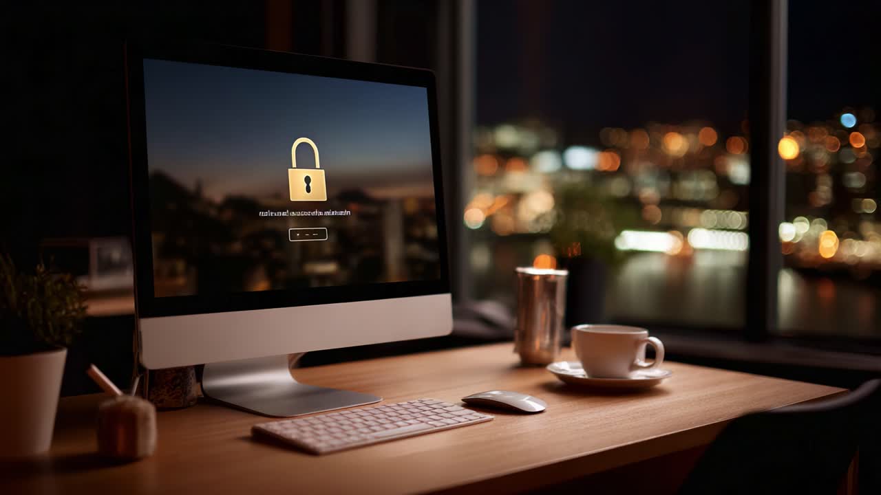 Secure Computer Screen with Lock Symbol Highlighting Privacy on a Desk with a Cup and Urban Nightscape in the Background, Emphasizing Digital Security Measures