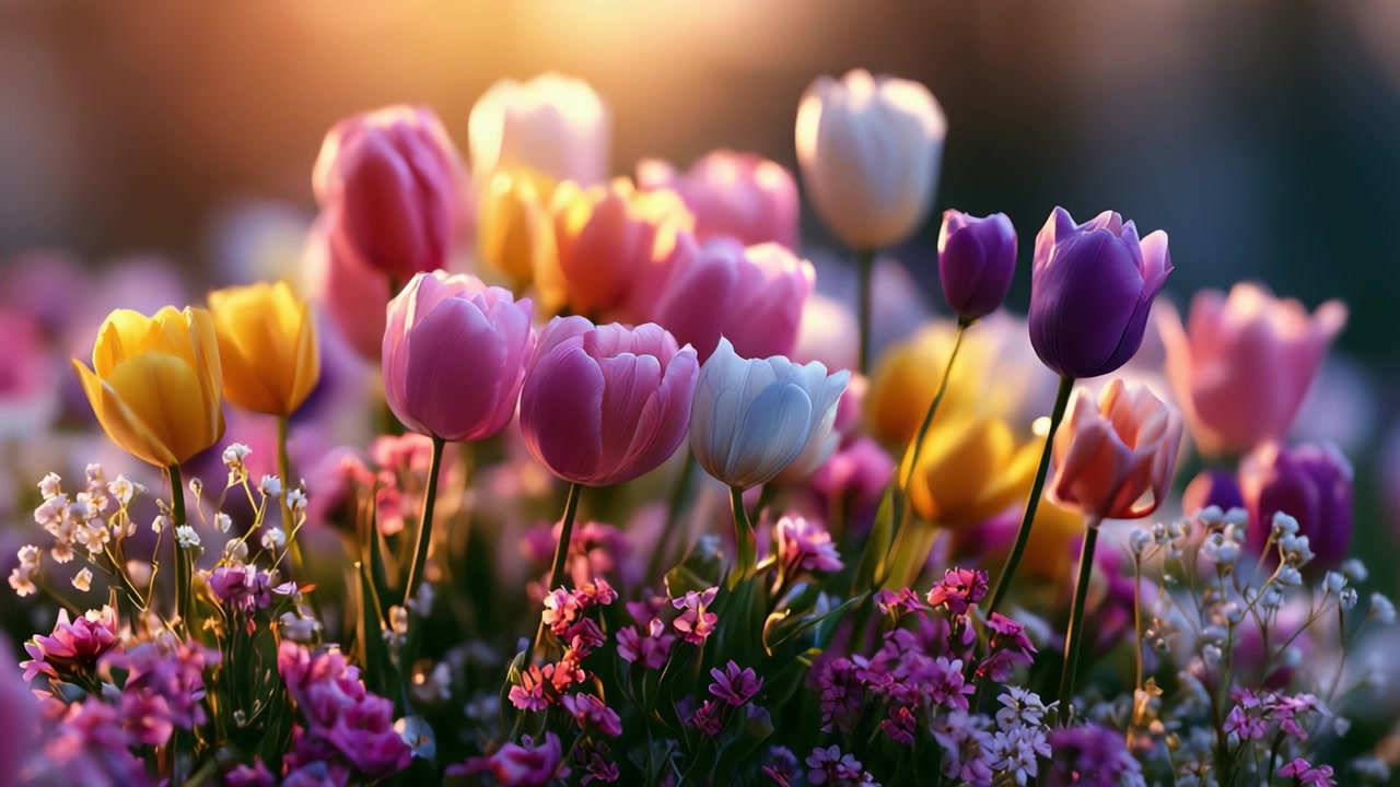 A Vibrant Collection of Colorful Tulips and Wildflowers Captured in a Stunning Golden Hour Light, Showcasing Nature's Beauty and Serenity