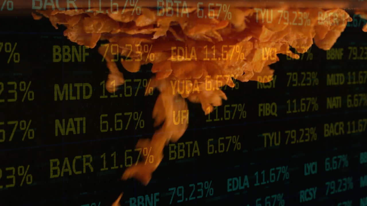Orange smoke plume swirling over black dashboard, featuring floating stock symbols in flat design