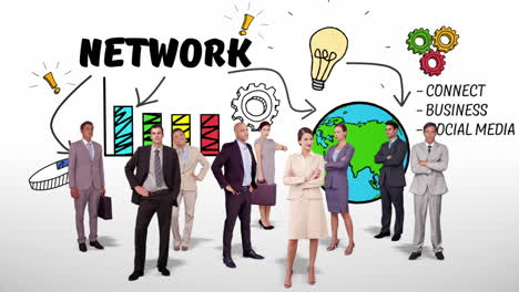 equipo de negocios de pie contra la tormenta de ideas
