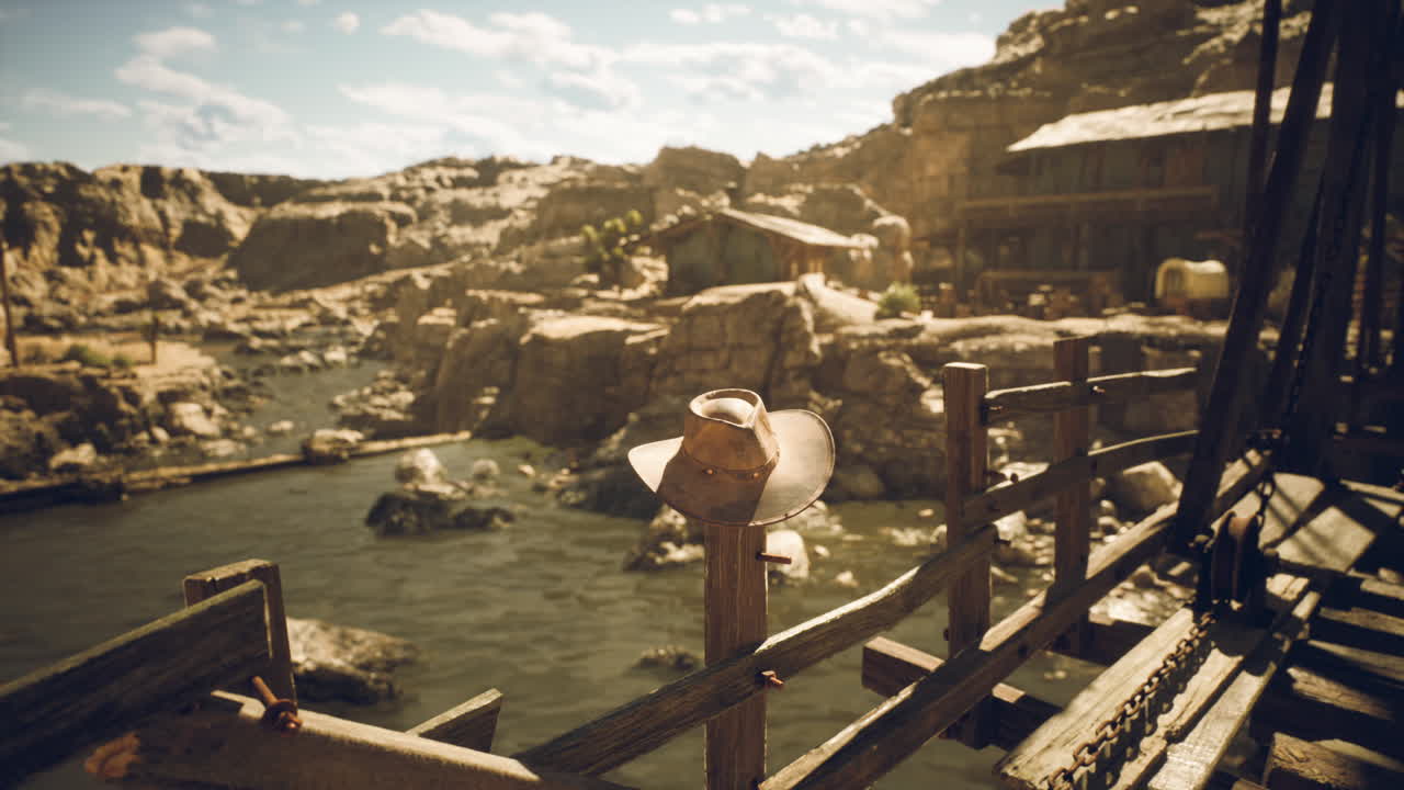 A cowboy hat rests on a wooden railing beside a serene river landscape