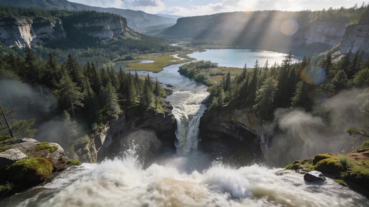 Telecamera che si muove lentamente rivelando una cascata e un fiume sul bordo del canyon per mostrare il bordo spumeggiante e le rocce muschiose.