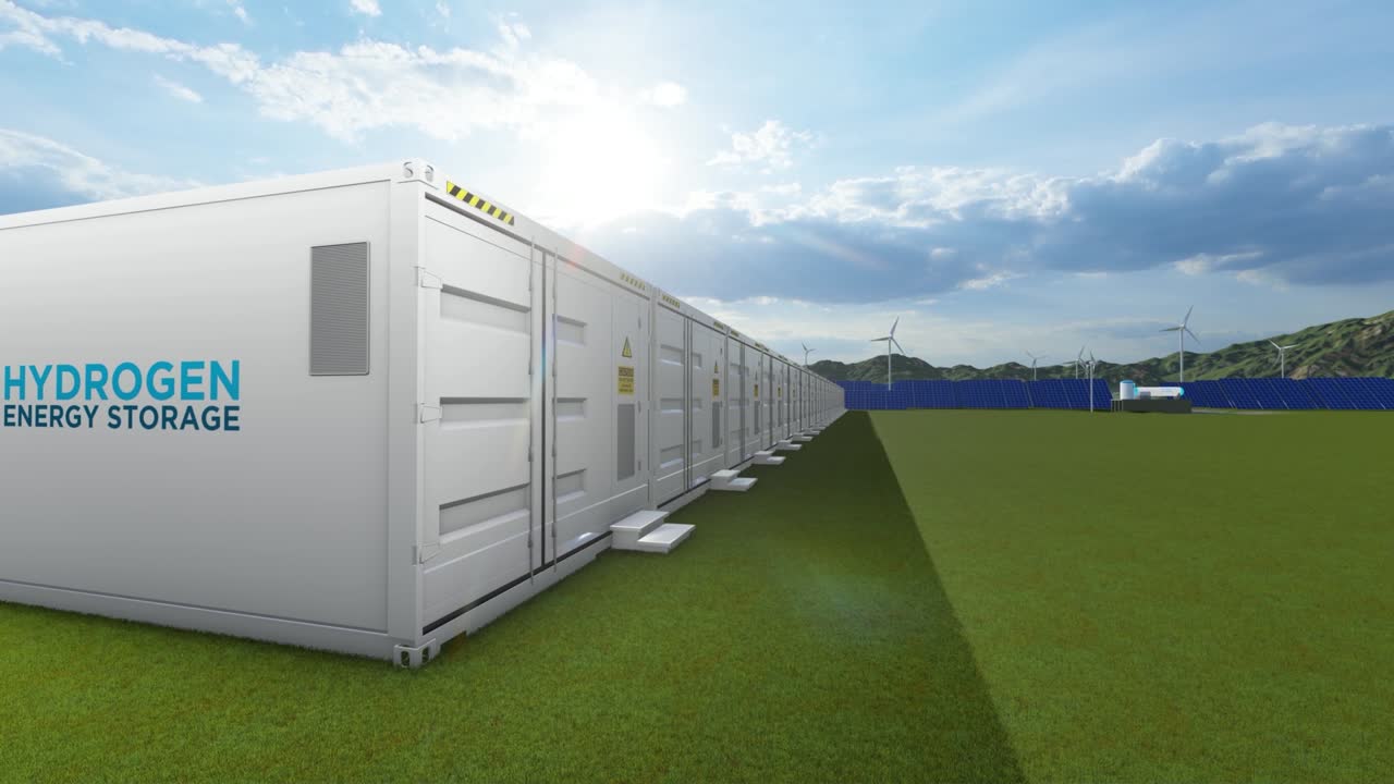 수소 재생 에너지 생산 - 깨한 전기를위한 수소 가스 태양 및 풍력 터빈 시설. 깨한 에너지. 제로 배출. 가스 크. 에너지 저장. 3d 렌더링.