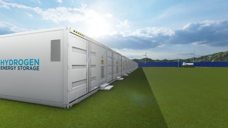 producción de energía renovable de hidrógeno - gas hidrógeno para electricidad limpia instalación de turbinas solares y eólicas. energía limpia. cero emisiones. tanque de gas. almacenamiento de energía. renderizado en 3d.