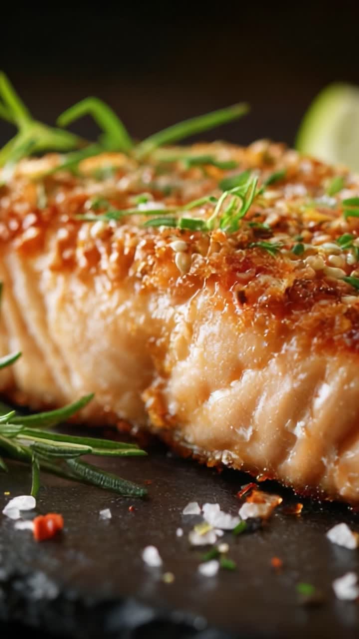 Ein köstliches, glasiertes Lachsfilet, garniert mit frischen Kräutern und mit Meersalz bestreut, perfekt zubereitet für ein exquisites kulinarisches Erlebnis.