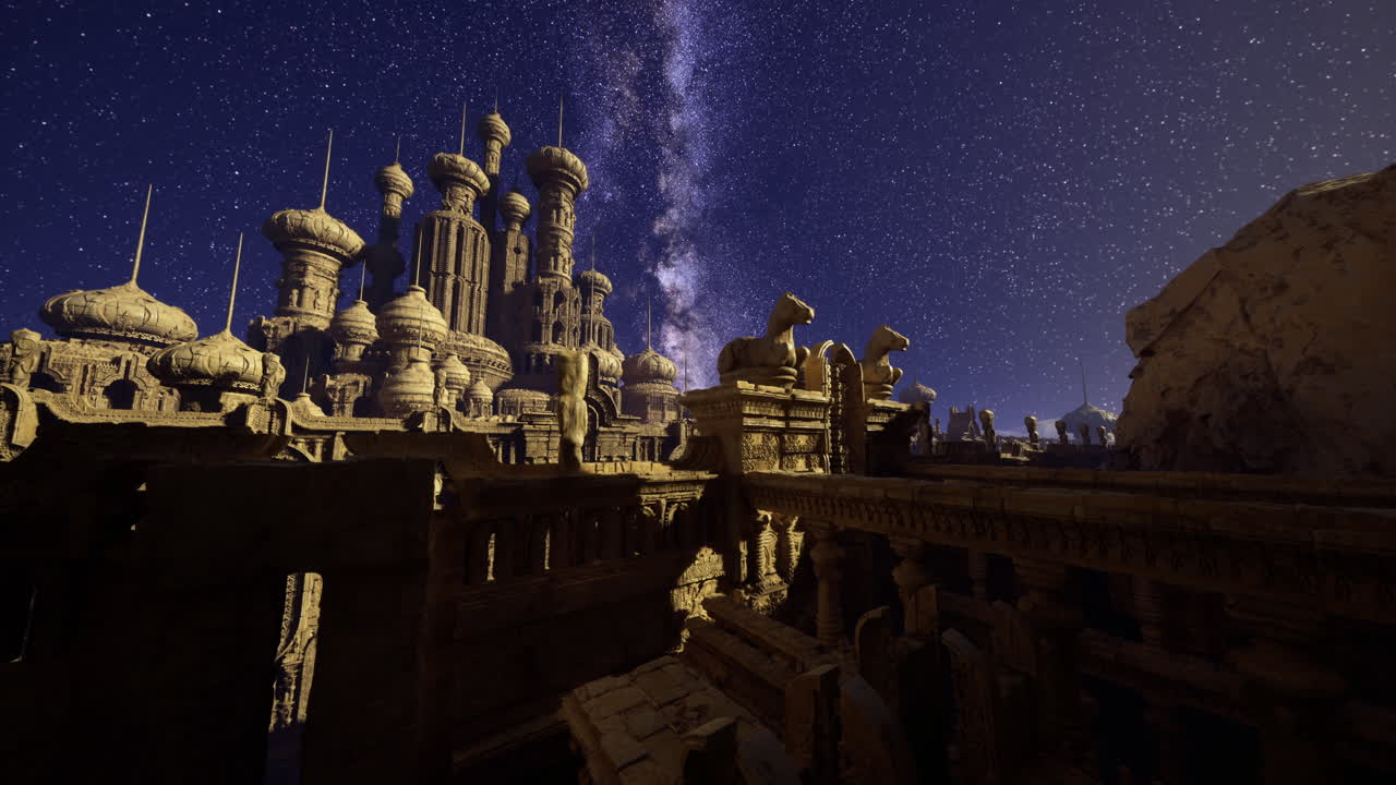 Majestic castle under a starry night sky near desert landscape
