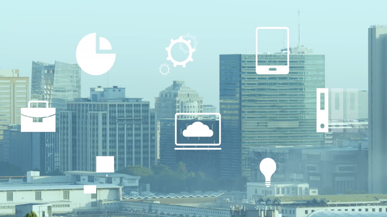 Animation of multiple digital icons floating against aerial view of cityscape