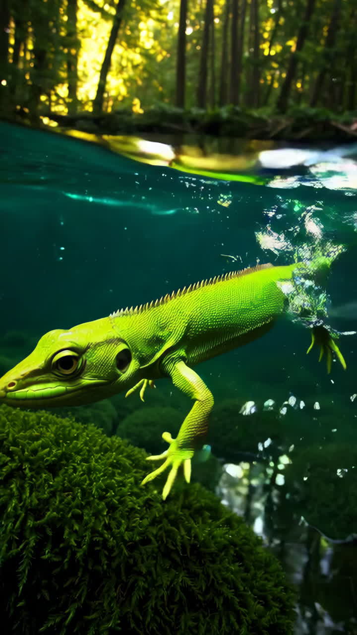 Lucertola verde che nuota sott'acqua in un ruscello della foresta