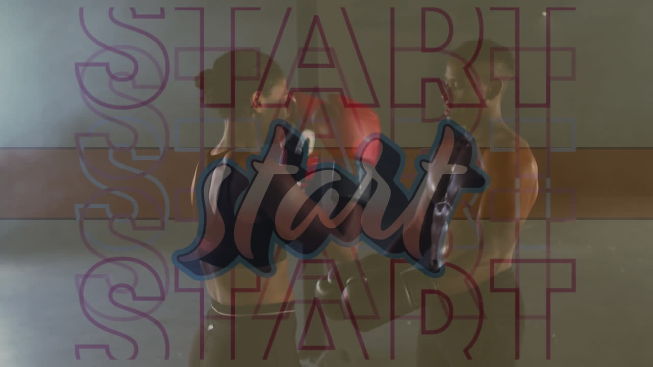 복싱을 연습하는 두 인종의 남성과 여성에 대한 시작 텍스트의 애니메이션