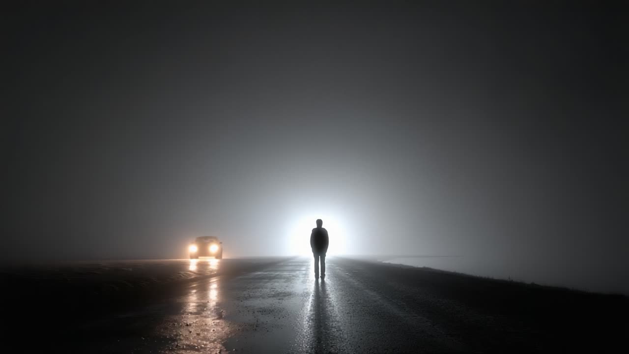 A solitary figure stands on a deserted road, enveloped in dense fog, illuminated by distant headlights and surrounded by an eerie sense of tranquility and mystery