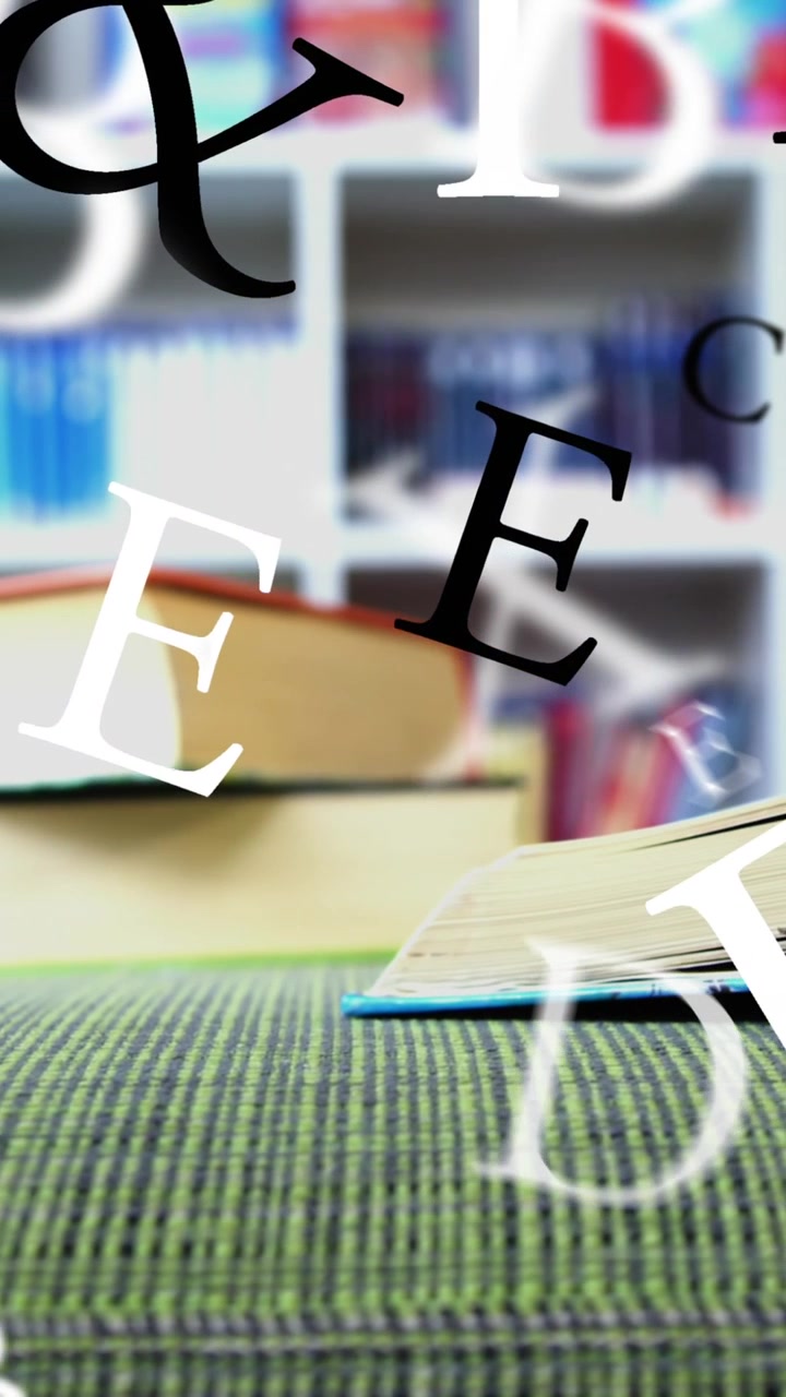 Animation of letters over books in library