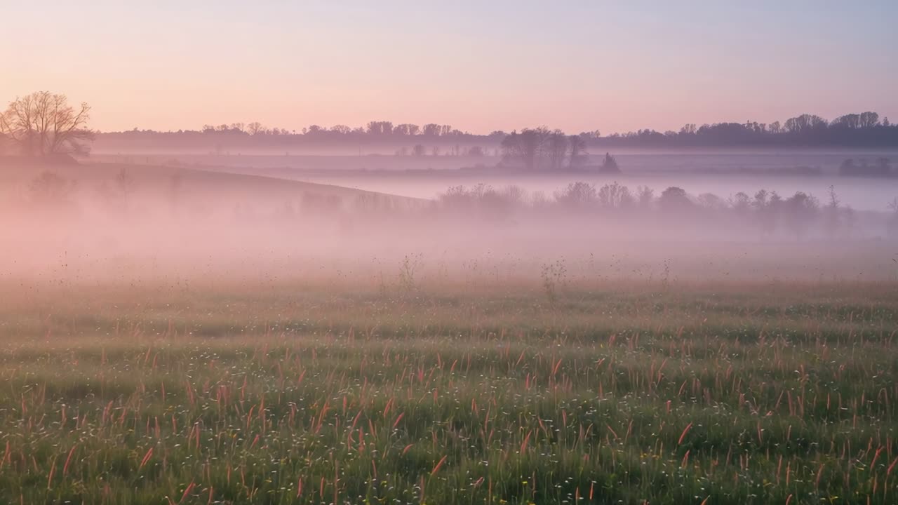 Auringonnousun valo voimistuu, matala sumu ajelehtii ruohikkoisen niityn poikki aamunkoitteessa, pehmentäen kaukana olevaa puulinjaa.