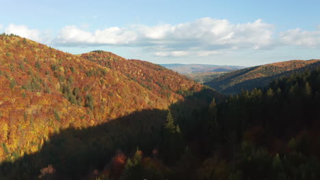 Flyover-above-mountain-highway-running-through-vibrant-mountain-forest-in-autumn