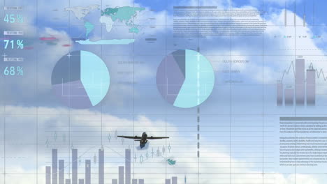animación de la interfaz infográfica sobre vista de ángulo bajo de un avión volando contra un cielo nublado