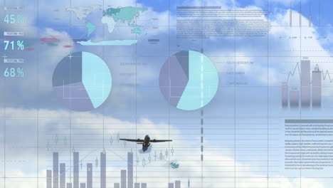 animation of infographic interface over low angle view of airplane flying against cloudy sky