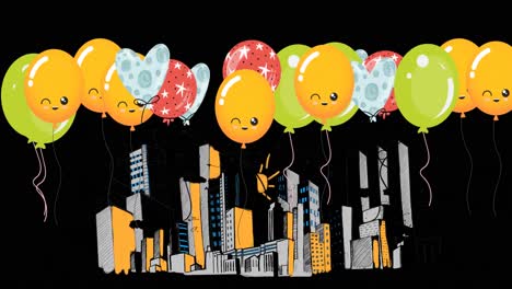 Animation-Von-Luftballons-Und-Stadtbild-Auf-Schwarzem-Hintergrund