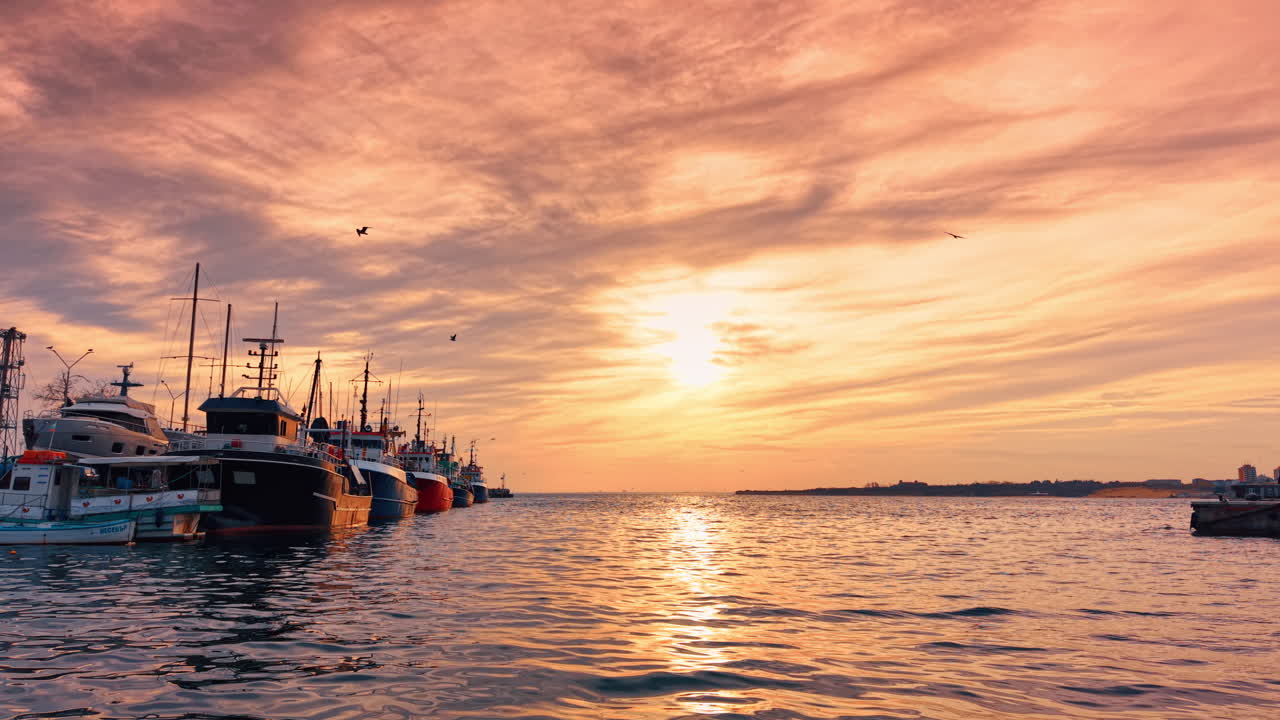 Paesaggio acquatico frastagliato illuminato dal sole al tramonto. Il cielo arancione è coperto di nuvole. Volo lungo le barche allineate sull'acqua.