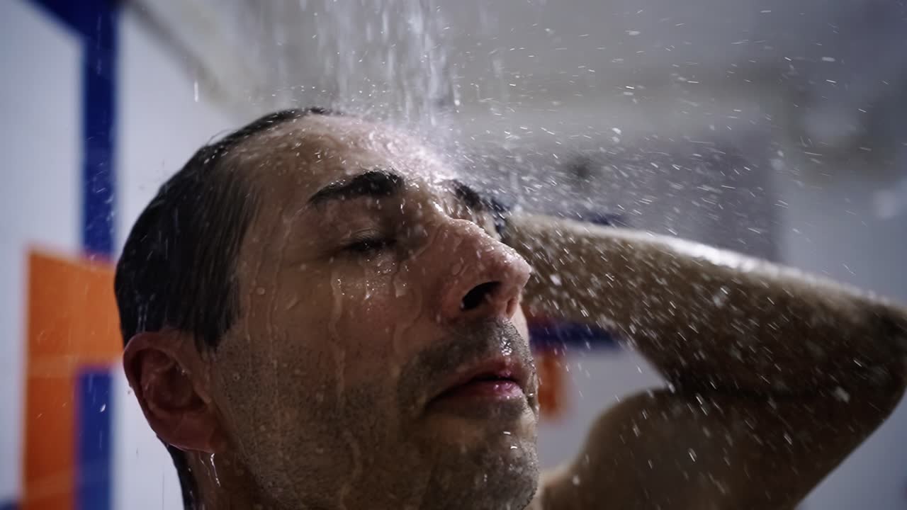 Primer plano de un hombre duchándose con agua cayendo sobre su cabeza