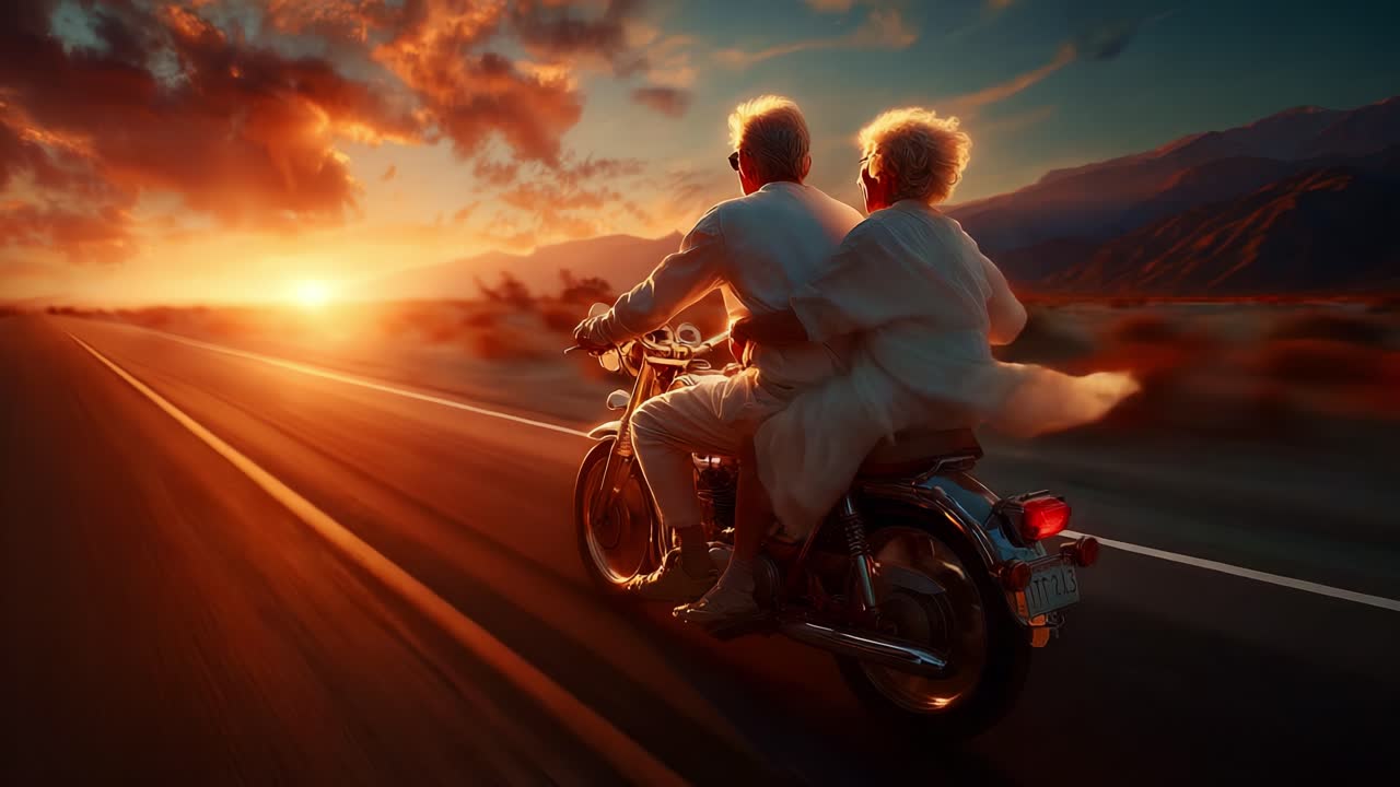 A Serene Journey: Capturing the Essence of Adventure as Two Individuals Ride Together on a Motorcycle Towards a Breathtaking Sunset Over Scenic Landscapes