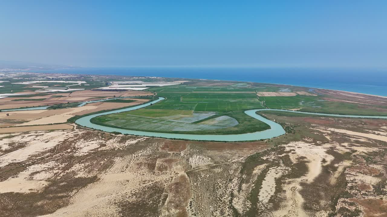 Aerial view of winding river through sandy landscape on a clear day
