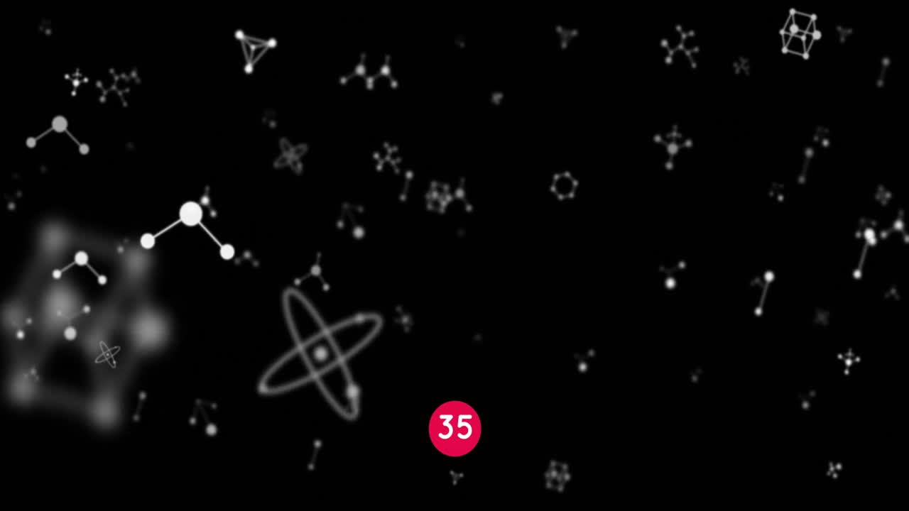 números crecientes en la bandera roja redonda sobre las estructuras moleculares flotando contra un fondo negro