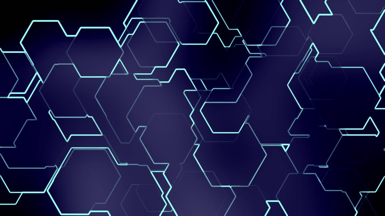 formas hexagonales abstractas con contorno blanco moviéndose fusionándose transformándose aleatoriamente en animación de fondo azul-negro