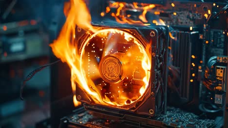 a computer motherboard with a burning fan on top of it