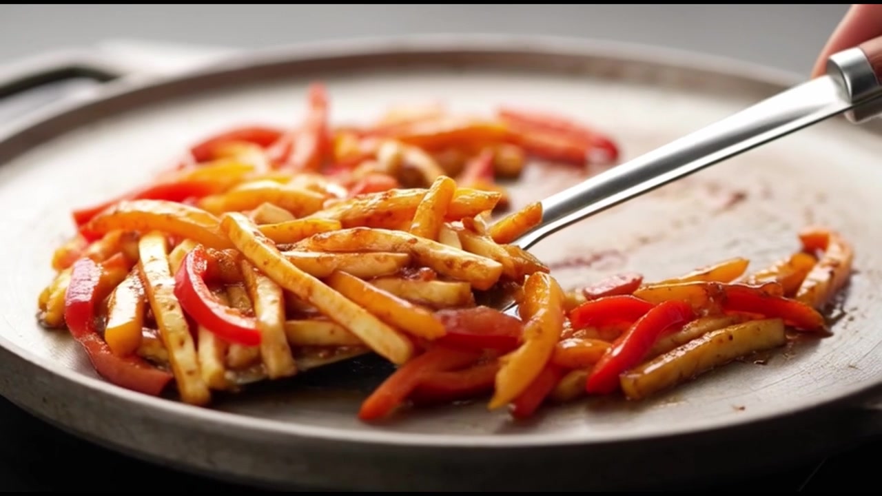 Chef che mescola peperoni e patate saltati in padella in una padella calda