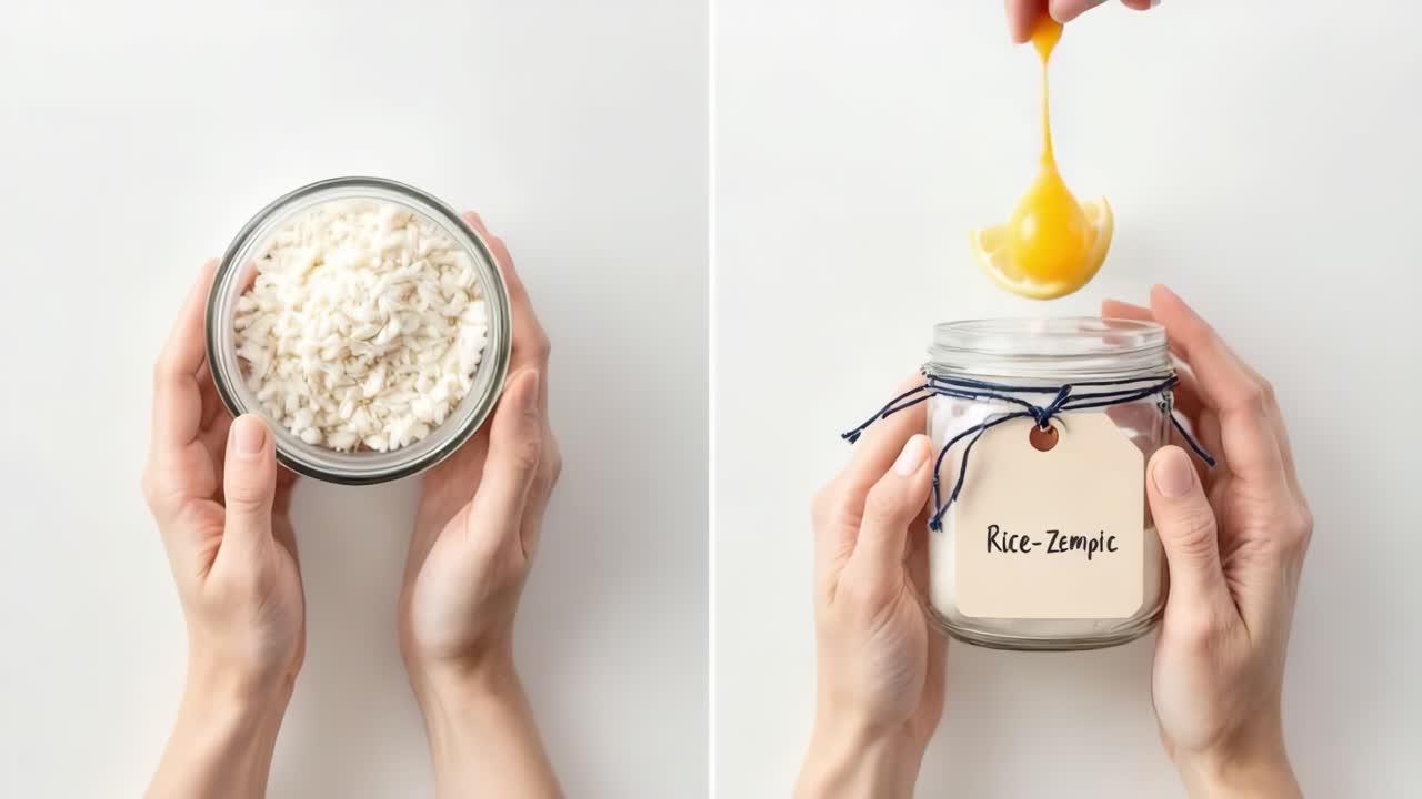 Hands are holding a jar filled with rice and another jar featuring a lemon slice and a label, showcasing culinary ingredients and presentation in a clean, minimalistic setting