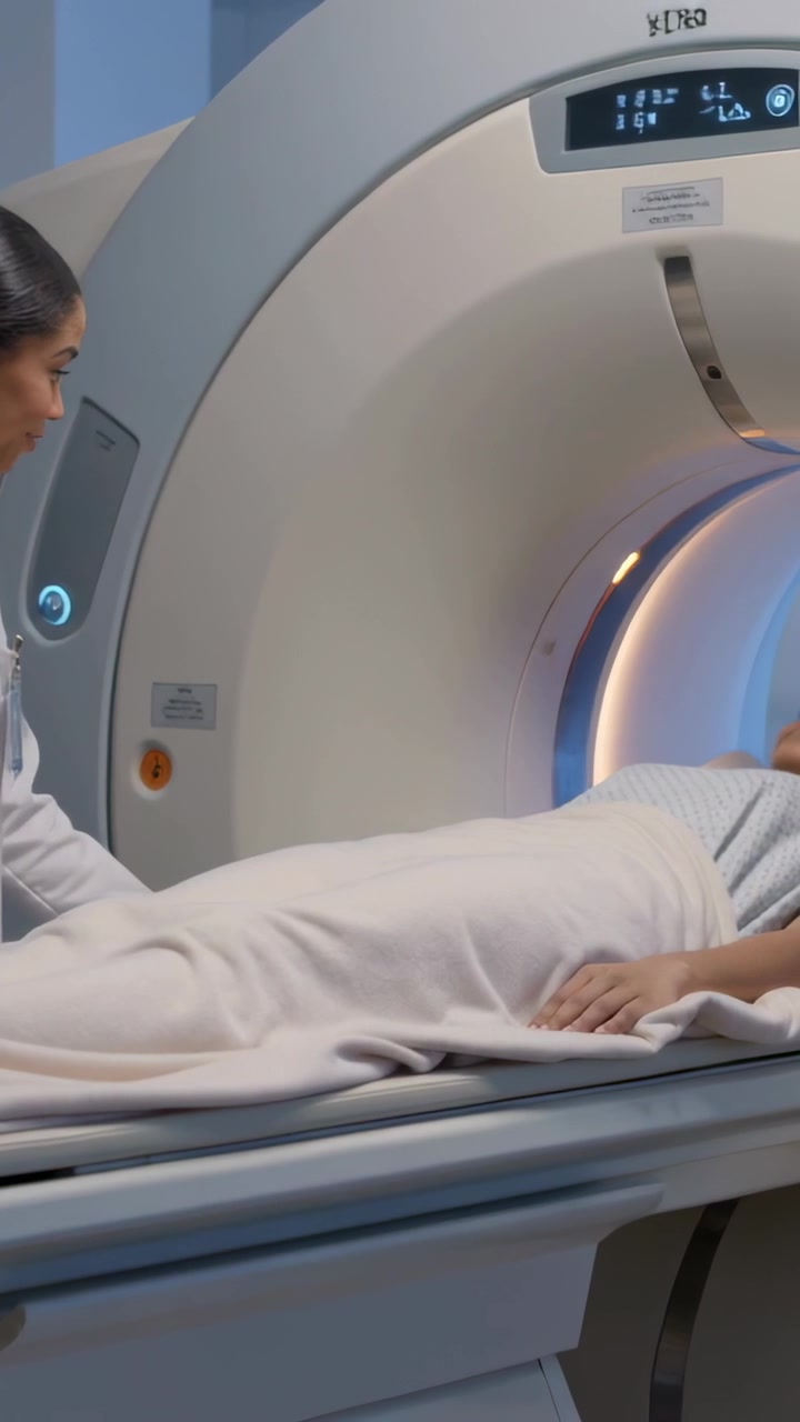 Video verticale: Posizionamento del paziente in camice allo scanner mentre un tecnico in divisa medica avvia la scansione per la risonanza magnetica.