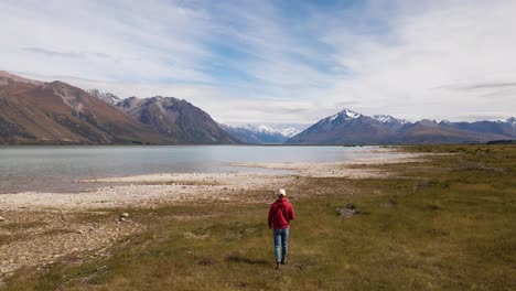 person from behind walking along picturesque alpine lake in new zealand