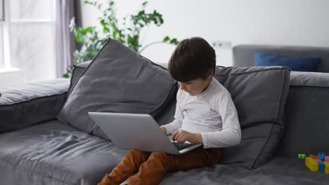 Kleiner-Süßer-Junge-Benutzt-Einen-Laptop,-Der-Auf-Dem-Sofa-Sitzt